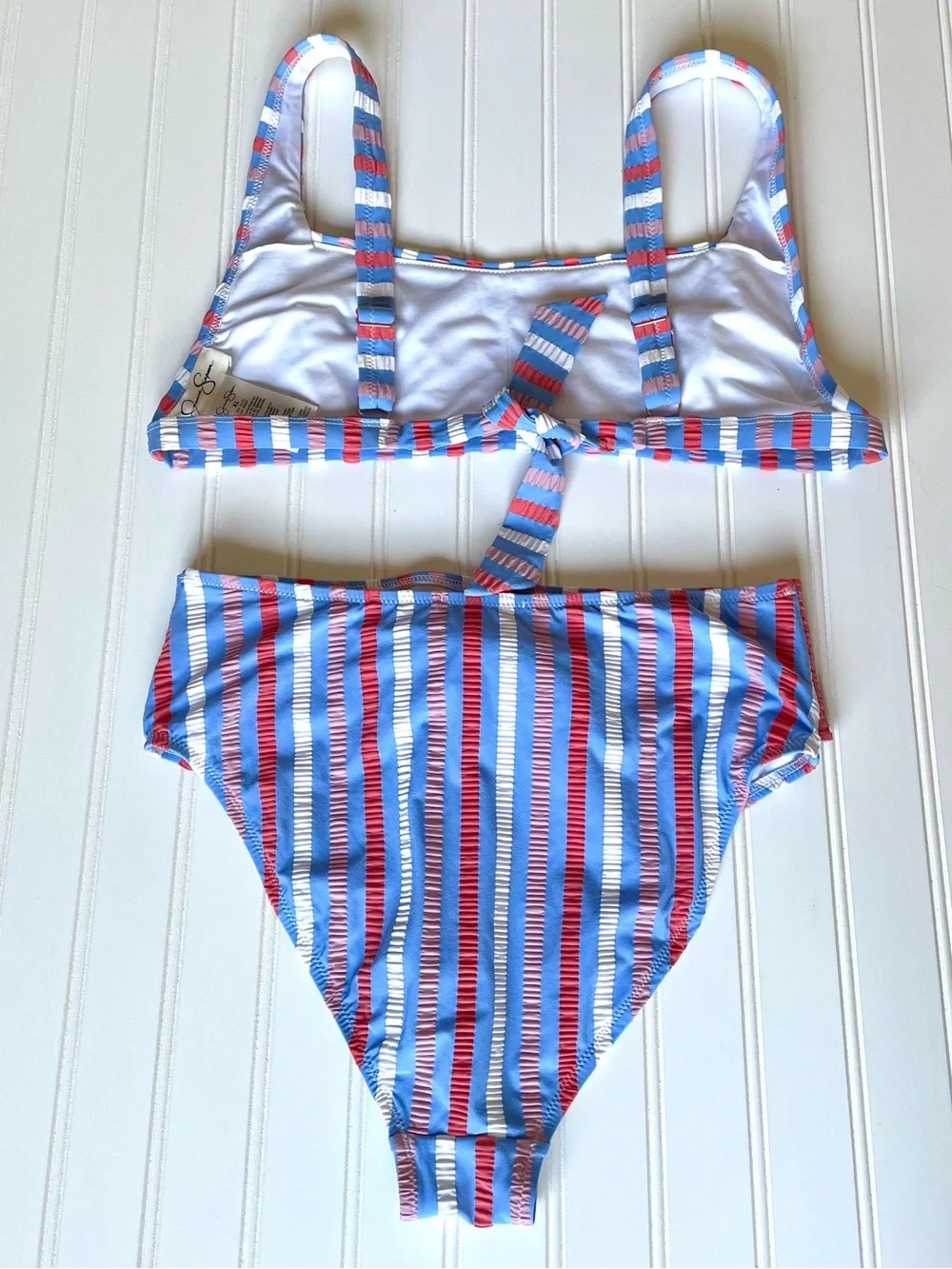 Jessica Bikini Retro Scoop Top HR Tie Waist Bottom Crinkle Sunset Stripe Large